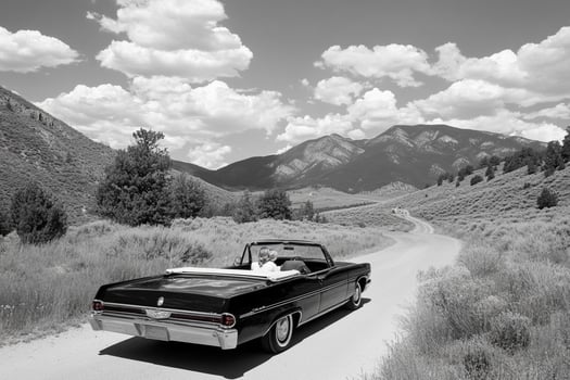 A black and white photo of a car driving down a road
