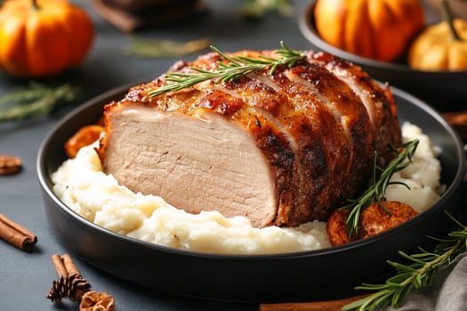 Pork roast with mashed potatoes and cranberries photo