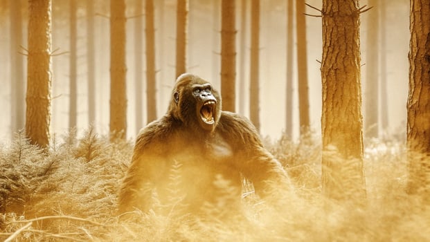 gorilla is standing in the woods with its mouth open photo