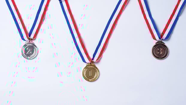 Gold silver and bronze, demonstration trophy medals with ribbon photo