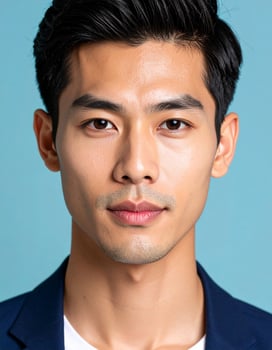 Portrait of a young Asian man with short dark hair wearing a suit jacket against a light blue background photo