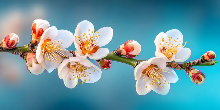 Closeup of Almond Blossom Branch with White Flowers and Red Buds Spring Nature Photography photo