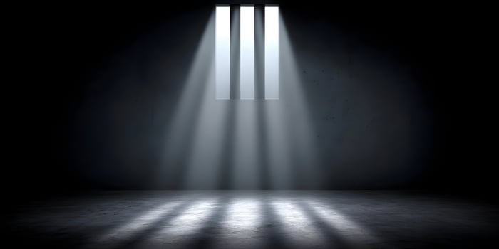 Dark Prison Cell Room with Three Bars Window Light Rays photo