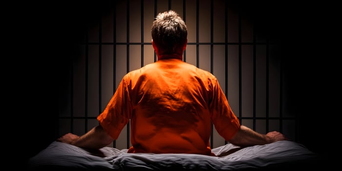Prisoner in Orange Jumpsuit Sitting on Bed Behind Bars photo