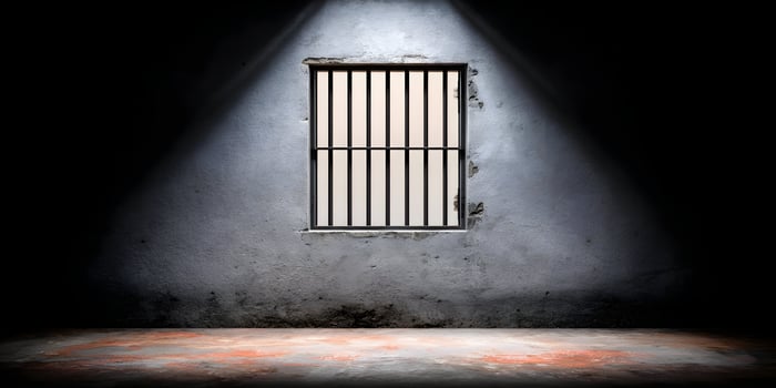 Dark Prison Cell Room Concrete Wall Barred Window Spotlight Illumination photo