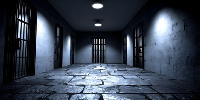 Dark Prison Corridor Night Scene Metal Cell Doors Stone Floor photo