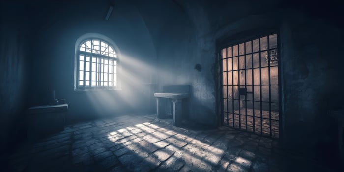 Dark Prison Cell Room Light Rays Stone Floor Metal Bars Window photo