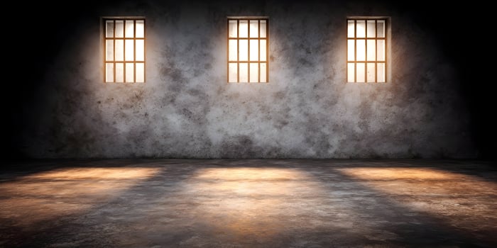 Dark Prison Cell Room Three Windows Concrete Wall Grunge Background photo
