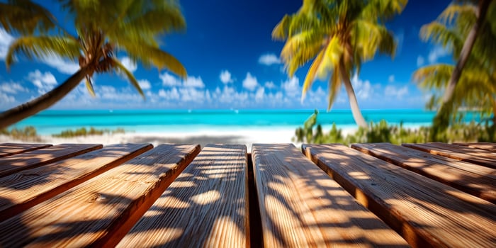 Wooden Deck Beach Summer Vacation Tropical Paradise Ocean Palm Trees Summertime Holiday Relaxation photo