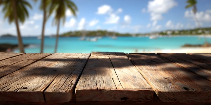 Rustic Wooden Tabletop Summer Beach Scene Palm Trees Turquoise Water Boats photo