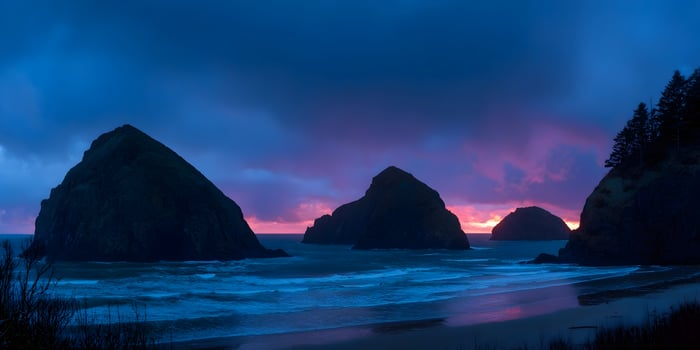 Ocean Coastline Sunset Three Rocks Dark Silhouette Pink Purple Sky photo