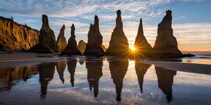 Sunset Sea Stacks Beach Oregon Coast Dramatic Ocean Rock Formations Golden Hour Reflection photo