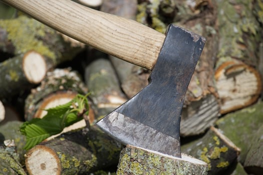 Close-up shot of an axe embedded in a log, ready to split more firewood. photo
