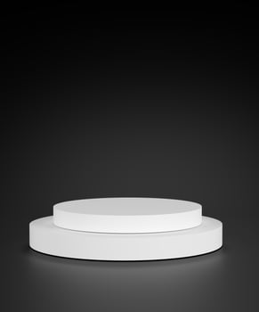 Minimalist white circular podium pedestal on a stark black background. Product display, awards presentation, a clean abstract backdrop, symbolizing promotion, exclusivity, focused presentation now. photo