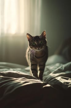 Tabby Cat Standing on a Bed in Sunlight photo