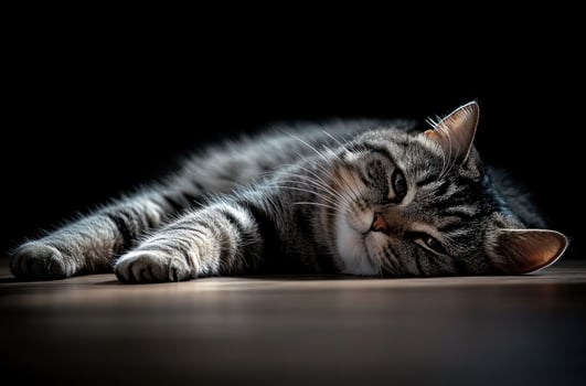A Grey Tabby Cat Relaxed On Wooden Floor photo
