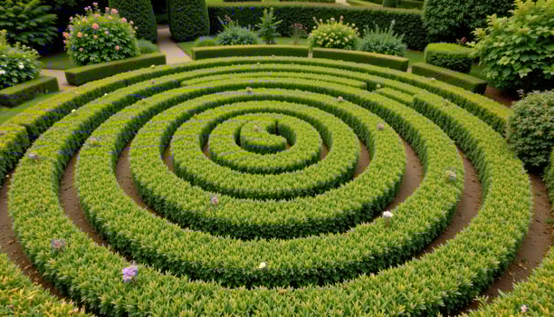 ornamental shrubs creating a spiral maze in a garden photo