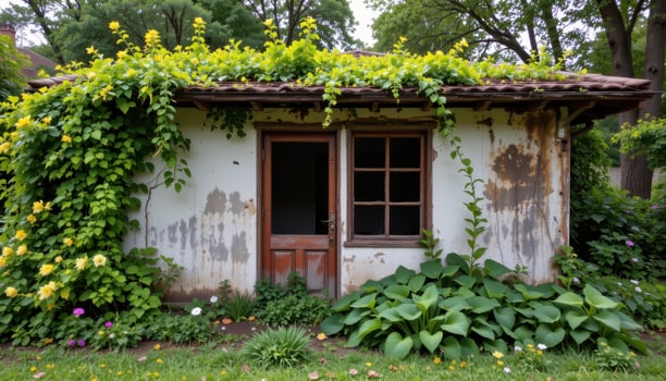an abandoned structure reclaimed by ornamental greenery photo