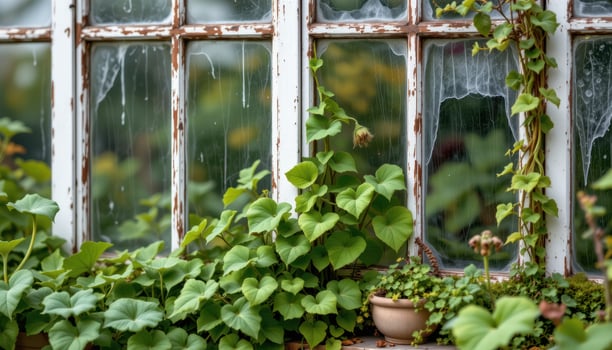 ornamental vines creeping through cracks in a greenhouse window photo