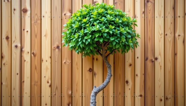 tree positioned against a backdrop of vertical wooden planks photo