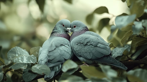 Two pigeons nestled together on a green leafy branch outside photo