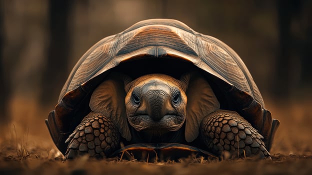 A close up view shows a large turtle looking forward photo