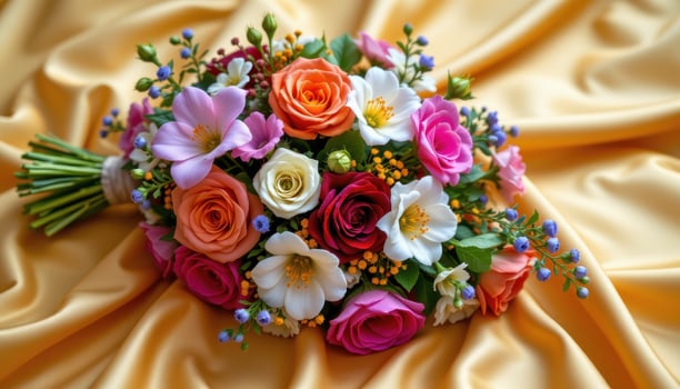 vivid bouquet placed on silky golden fabric photo