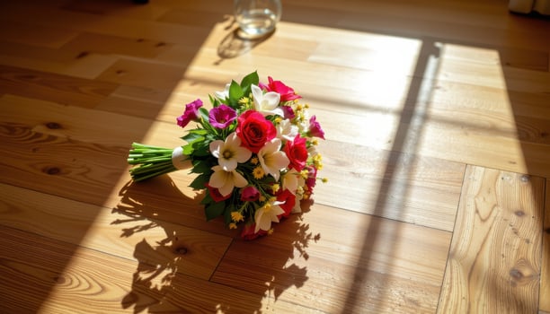 bouquet placed at center of a sunbeam on wood floor photo