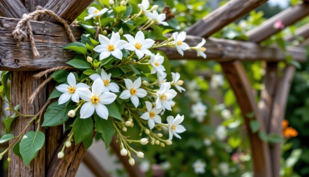 blooming jasmine hanging from an old wooden trellis photo