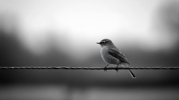 A small bird perched on a thin wire looking ahead photo