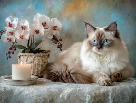 A fluffy cat relaxes near an orchid plant and burning candle photo