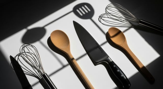 Kitchen Utensils Still Life with Dramatic Shadows and Contrasting Textures photo