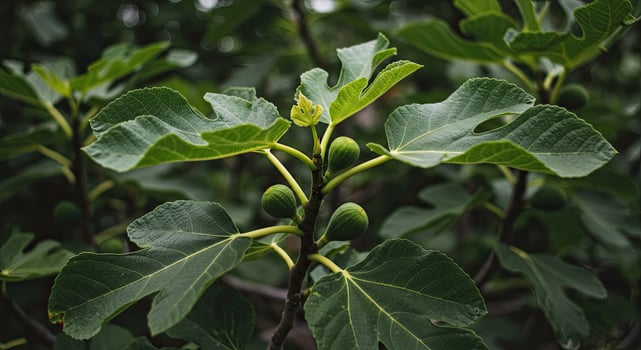 Close-up view of a fig tree branch with green leaves and developing figs in nature photo