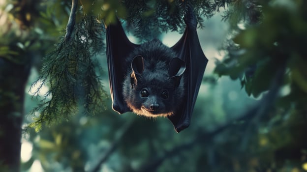 A dark bat hanging upside down in a lush green forest photo