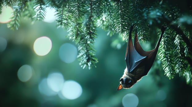 A bat hangs upside down from the branches of a pine tree photo