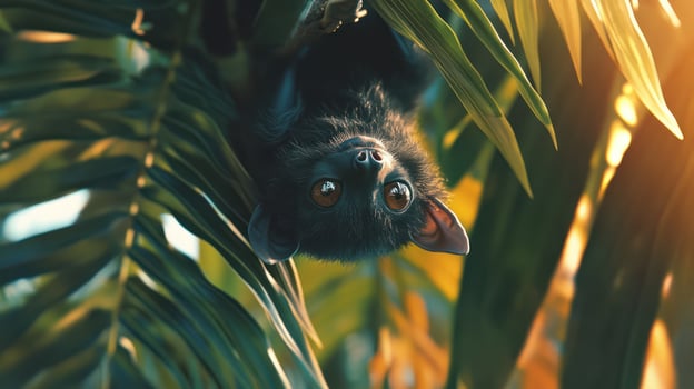 A small bat hanging upside down amidst lush green foliage photo