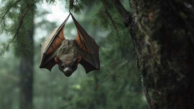 A brown bat hangs upside down in a lush green forest photo