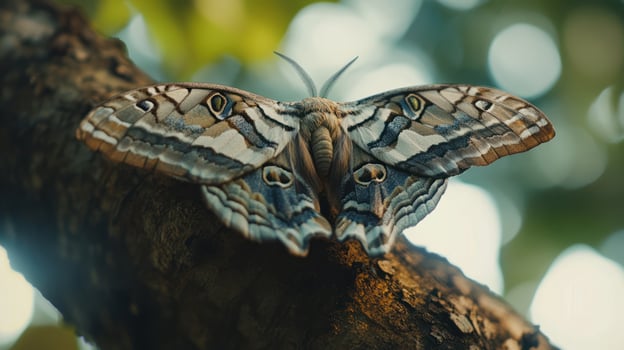 A beautiful moth with detailed markings rests on a branch photo