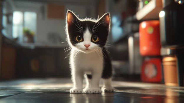 An adorable kitten standing in a kitchen looking directly forward photo