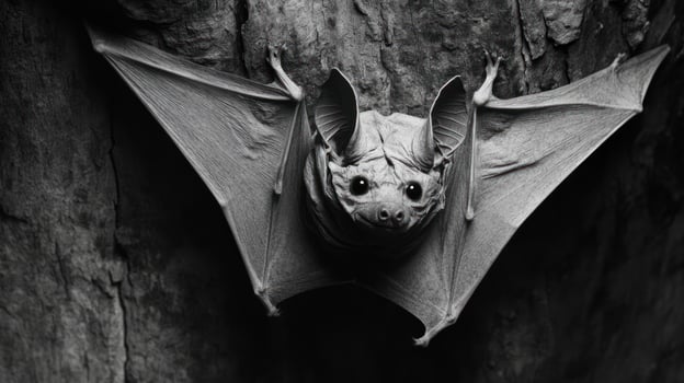 A gray bat with its wings spread perched on a textured surface photo