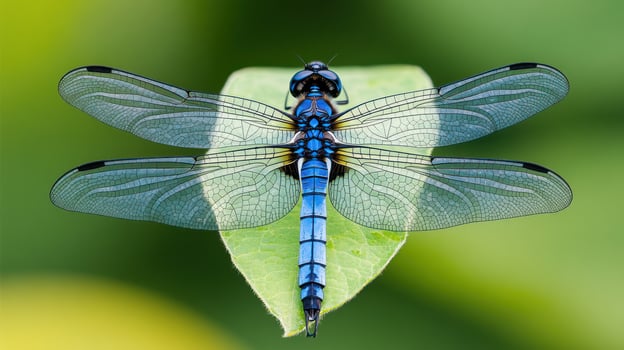 A Blue Dragonfly Perched Peacefully On A Green Leaf photo