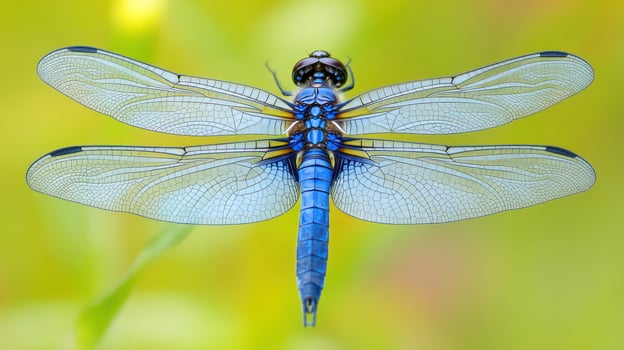 A beautiful blue dragonfly with spread wings against the soft background photo