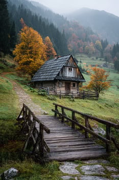 Cozy Wooden Cabin at Dusk With Bridge Surrounded by Autumn Foliage and Misty Mountains. photo