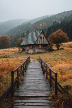 Cozy Wooden Cabin at Dusk With Bridge Surrounded by Autumn Foliage and Misty Mountains photo