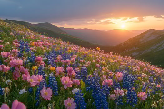 Vibrant Mountain Wildflowers at Sunset Nature's Spectacular Summer Display photo