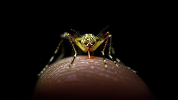 Close up photograph shows a mosquito biting a human finger photo