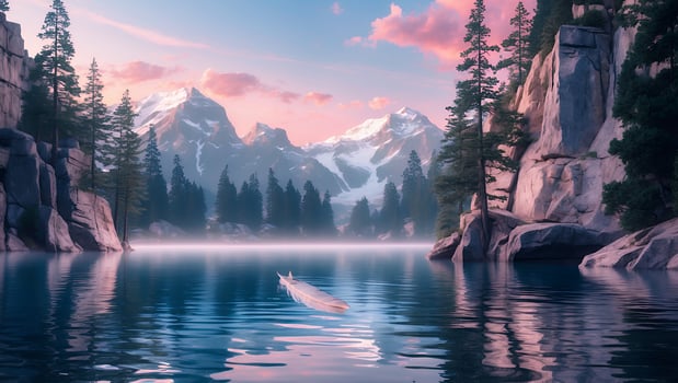 Feather Floats Peacefully on Mountain Lake at Dawn with Soft Light photo
