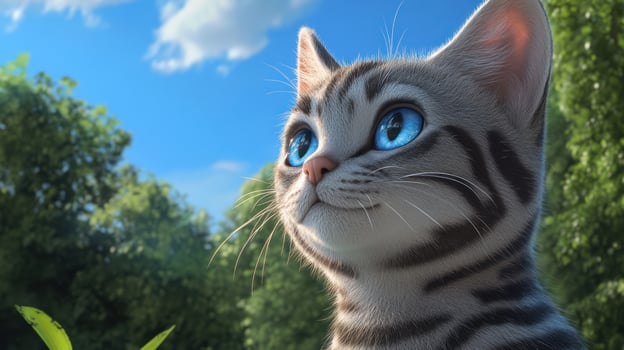 A beautiful cat gazing towards the bright blue sky above photo