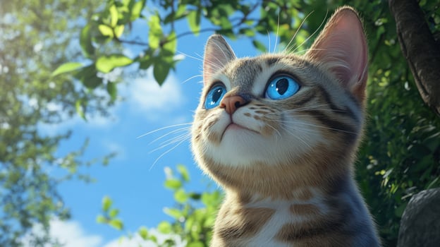 Adorable cat looks up at the clear blue sky and vibrant green leaves photo