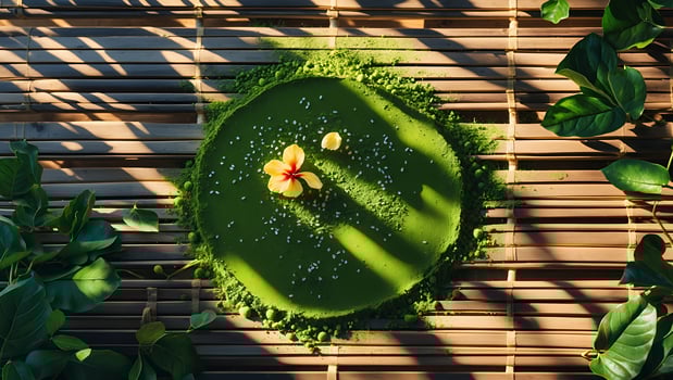 Green Dessert Cake with Flower and Seeds on Bamboo Mat photo